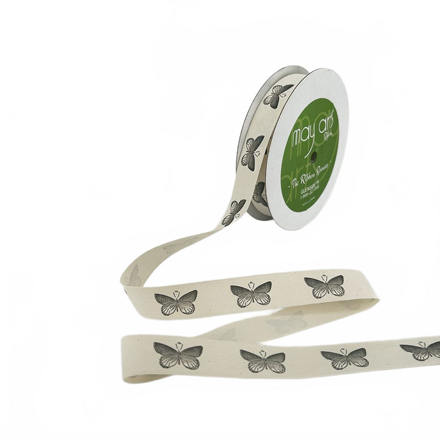 3/4 Inch Ivory Butterfly Canvas Printed Ribbon With Woven Edge