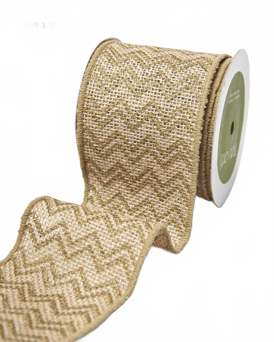 3 Inch 100% Jute Burlap With Gold Chevron Metallic Print Ribbon With Wired Edge