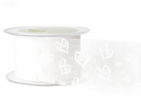 2 Inch Shimmer White/White Hearts Sheer Printed Hearts Ribbon With Cut Edge