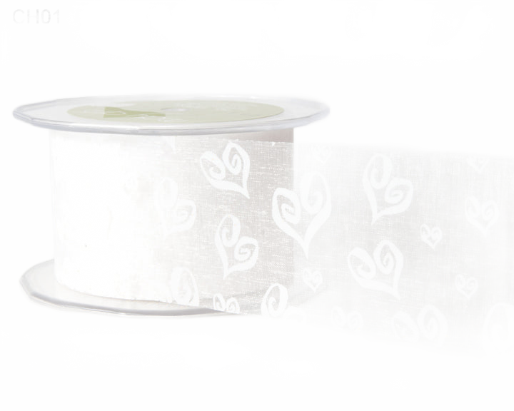 2 Inch Shimmer White/White Hearts Sheer Printed Hearts Ribbon With Cut Edge