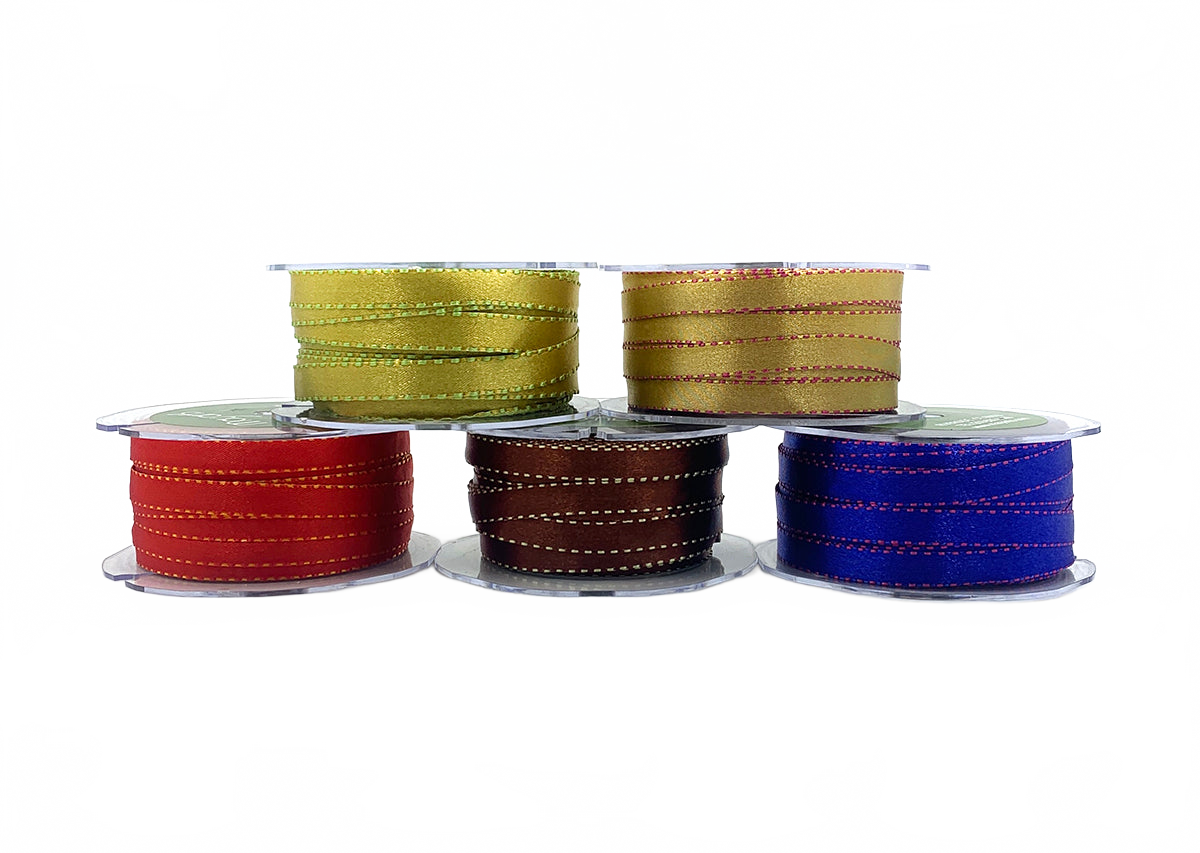 3/8 Inch Reversible Two-Color Satin Ribbon With Woven Stitched Edge