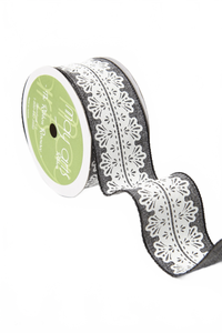 1.5 Inch White Lace Print Black/White Ribbon With Wired Edge