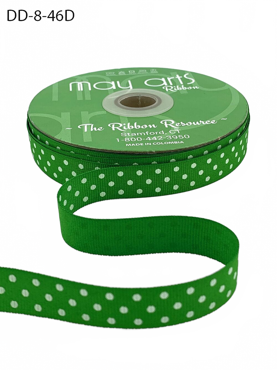 5/8 Inch Celery/White Dots Grosgrain Printed Dots Ribbon With Woven Edge