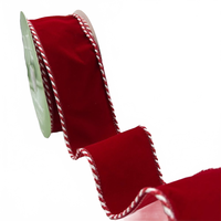 2.5 Inch Red Velvet Ribbon With Glitter And Red/White Ticking Wired Edge