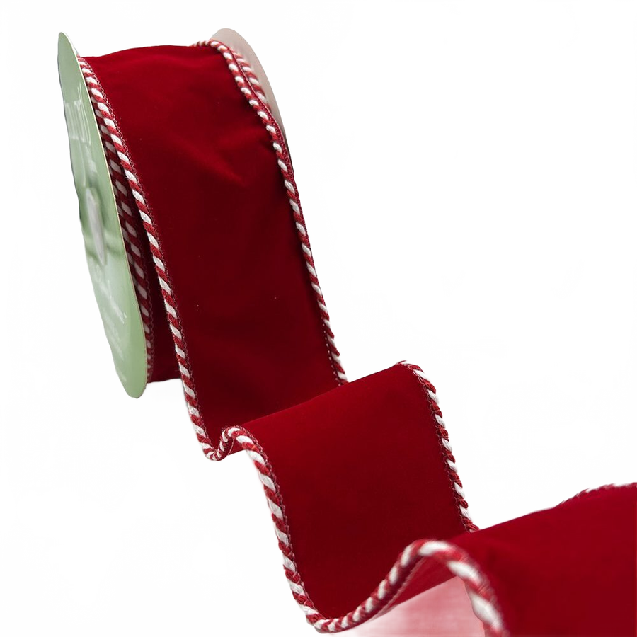 2.5 Inch Red Velvet Ribbon With Glitter And Red/White Ticking Wired Edge