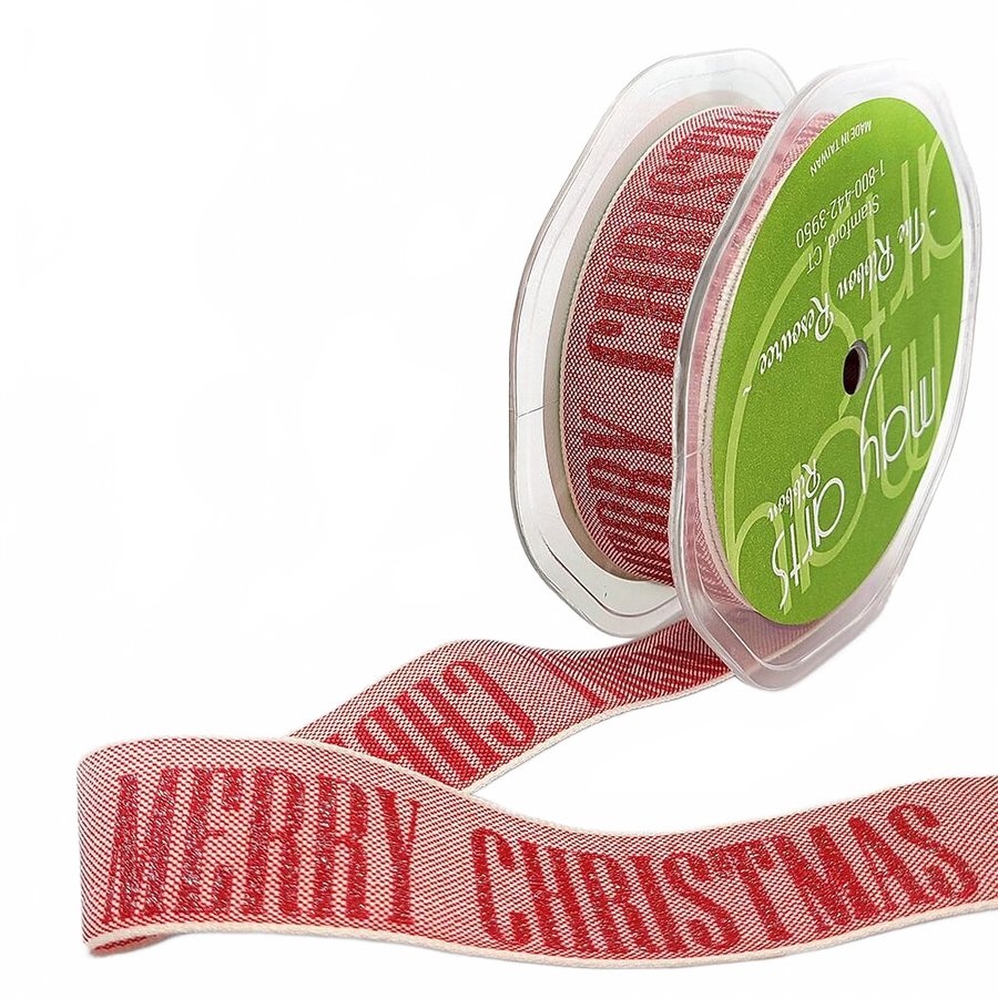 Sparkle Holiday Print Merry Christmas Red/Natural Ribbon With Natural Woven Edge