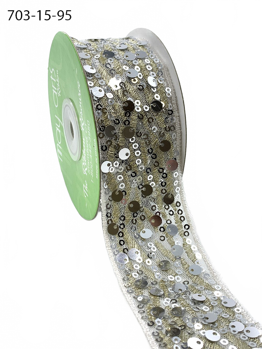 1.5 Inch Soft Woven Waved Mesh Sequin Charcoal Ribbon