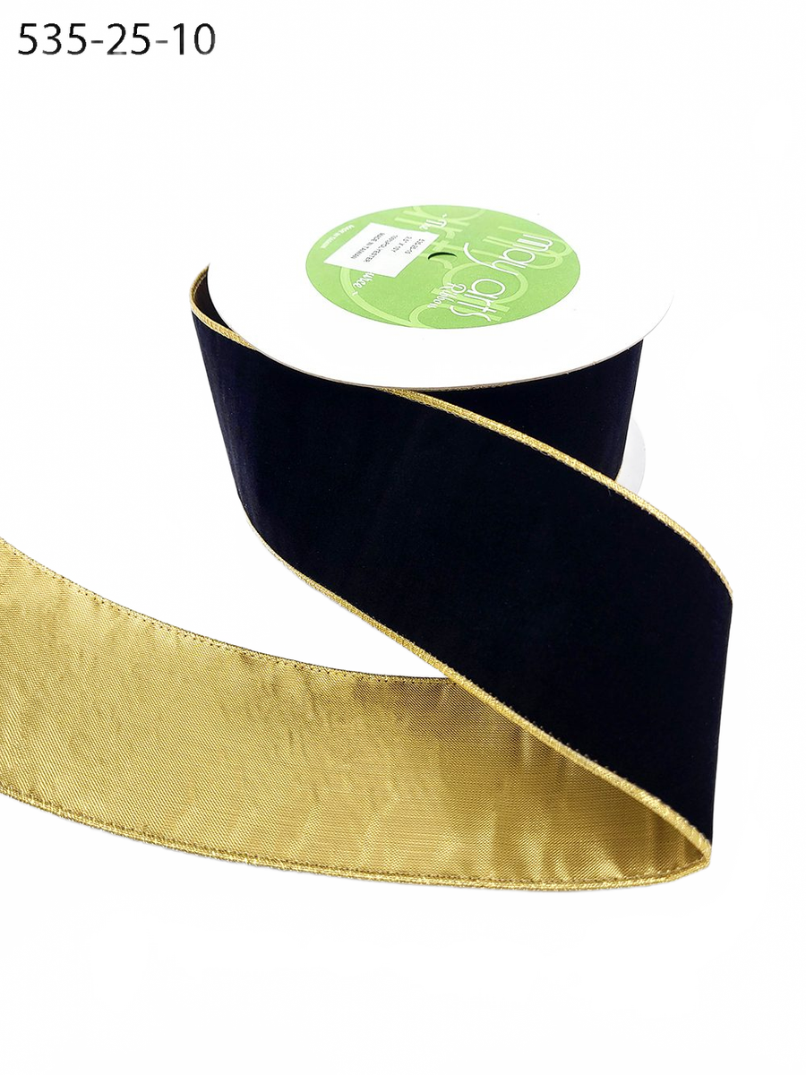 2.5 Inch Black Velvet Gold Back Ribbon With Wired Edge