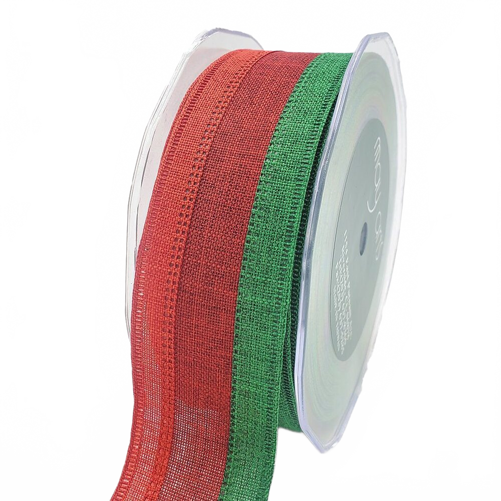 1.5 Inch Wired Tri-Color Faux Red/Dark Red/Green Linen Ribbon