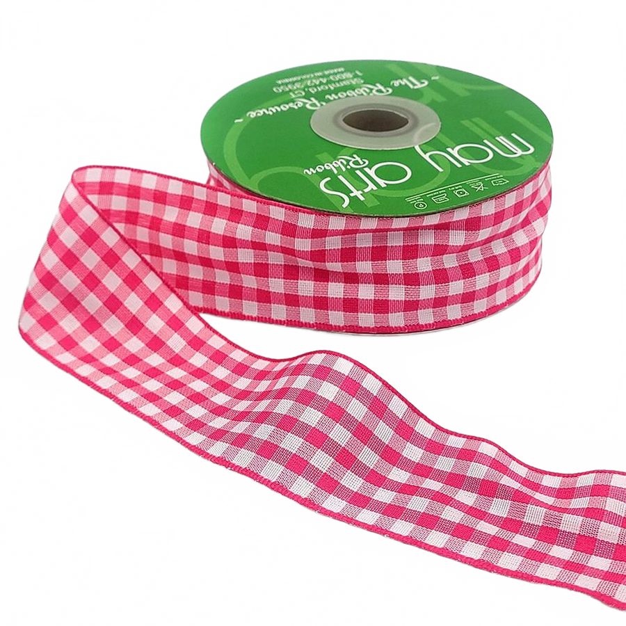 1.5 Inch Checkered Gingham Pink Ribbon With Woven Edge