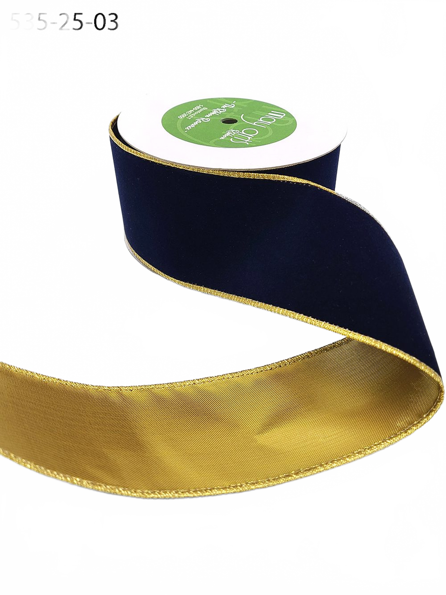 2.5 Inch Navy Velvet Gold Back Ribbon With Wired Edge