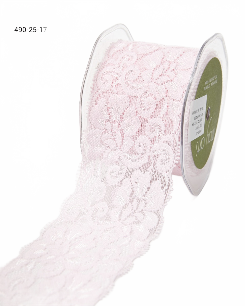 2.5 Inch Floral Elastic Lace Trim Pink Ribbon With Scalloped Eyelash Edge