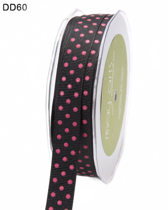 5/8 Inch Black/Fuchsia Dots Grosgrain Printed Dots Ribbon With Woven Edge