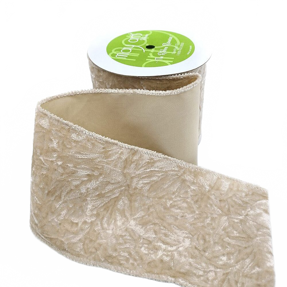 4 Inch Crushed Ivory Velvet Ribbon With Wired Edge