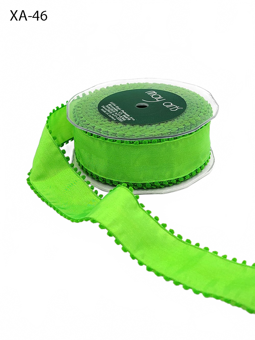 1.5 Inch Parrot Green Taffeta Ribbon With Pom Pom Wired Edge