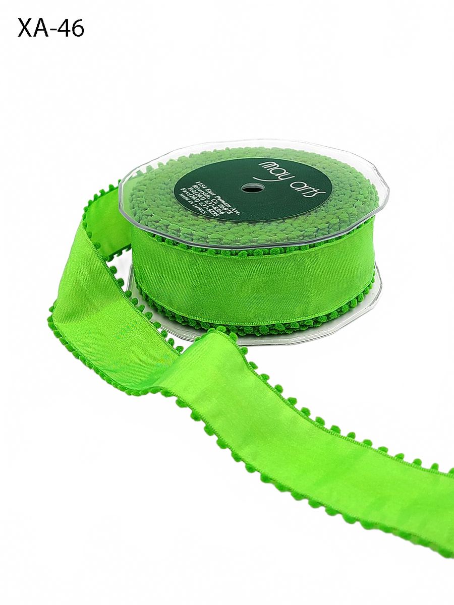 1.5 Inch Parrot Green Taffeta Ribbon With Pom Pom Wired Edge