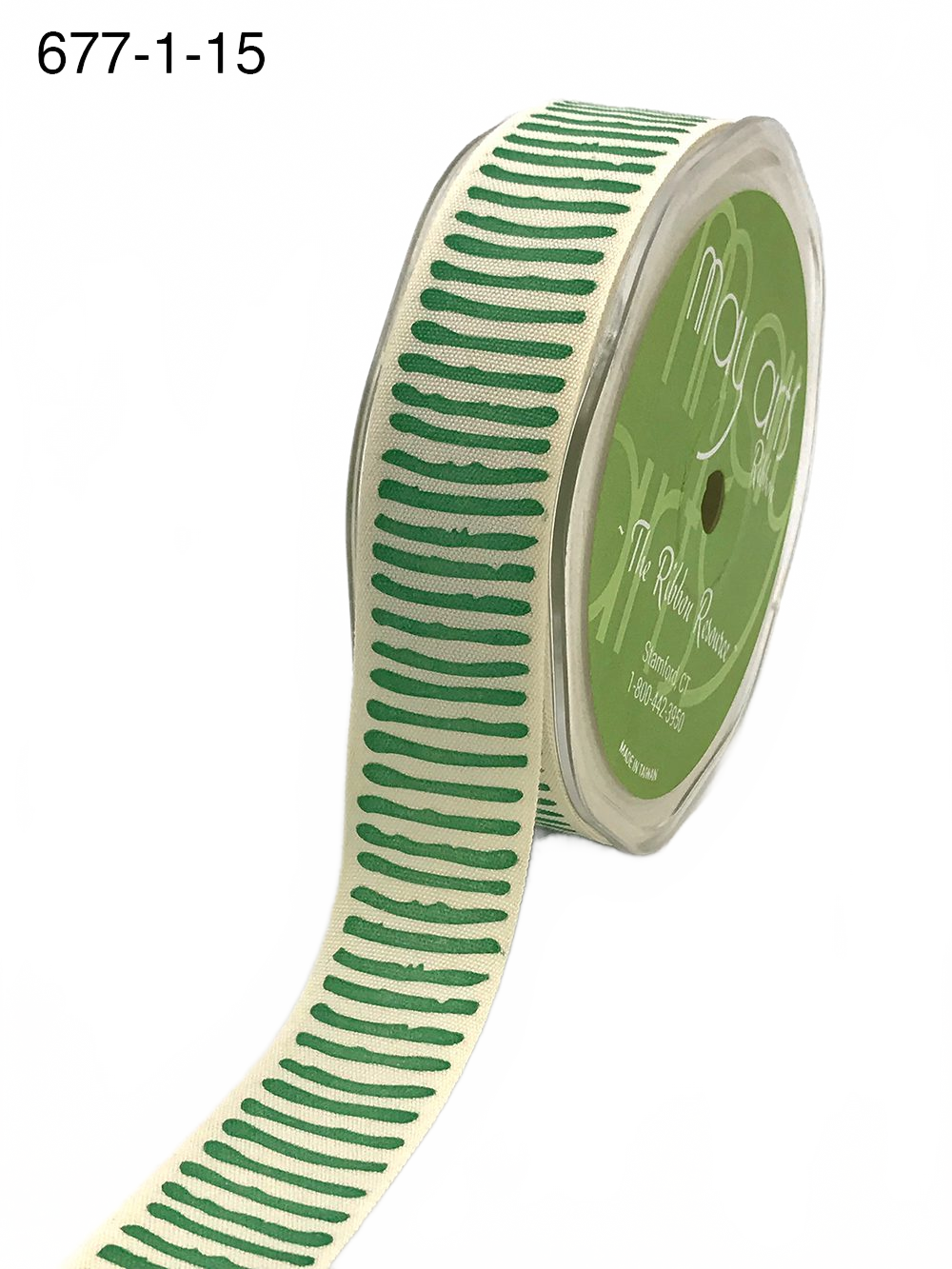 1 Inch Natural/Green Cotton Paint Stripe Print Ribbon With Woven Edge