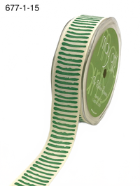 1 Inch Natural/Green Cotton Paint Stripe Print Ribbon With Woven Edge