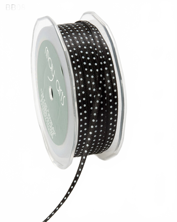 1/8 Inch Black Satin Mini Center Dot Ribbon With Woven Edge