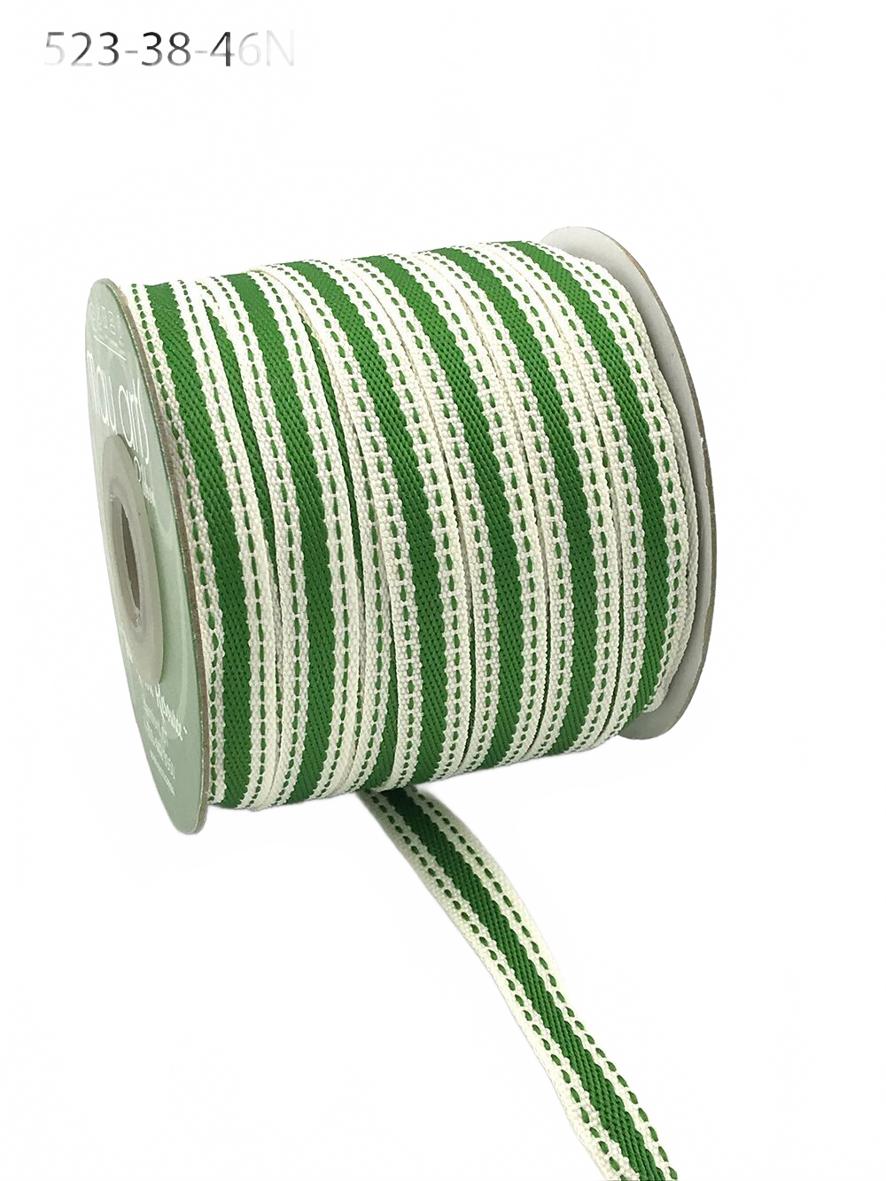 3/8 Inch Solid Color Band Ivory/Parrot Green Ribbon With Natural Woven Stitched Edge