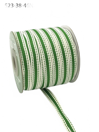 3/8 Inch Solid Color Band Ivory/Parrot Green Ribbon With Natural Woven Stitched Edge