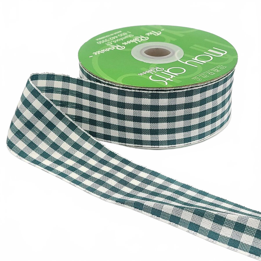 1.5 Inch Checkered Gingham Dark Green Ribbon With Woven Edge