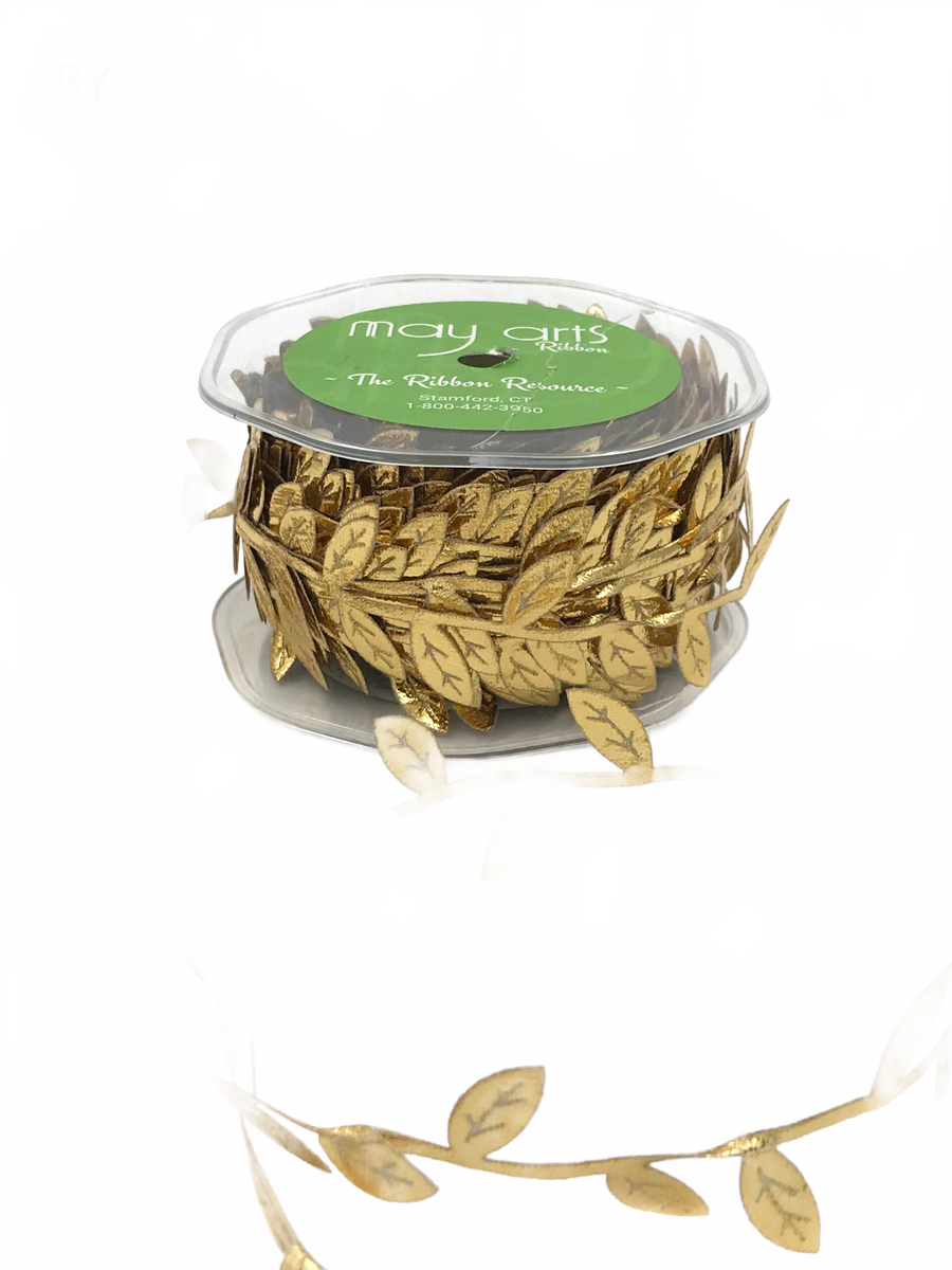 3/4 Inch Classic Leaves Gold Ribbon With Sealed Cut Edge