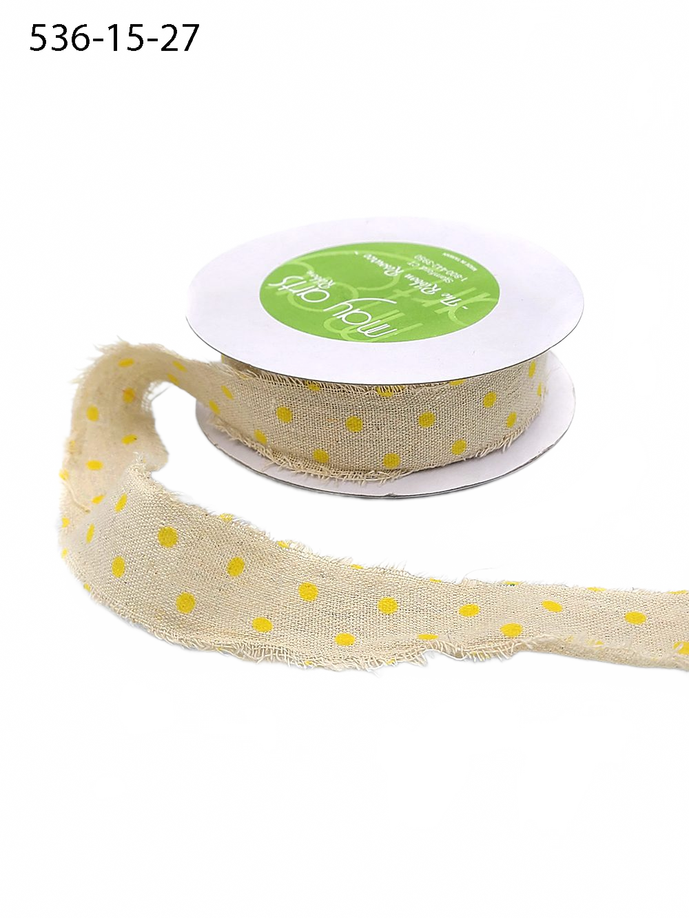 1.5 Inch Natural/Yellow Dots Velvet Polka Dots On Natural Ribbon With Frayed Edge