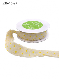 1.5 Inch Natural/Yellow Dots Velvet Polka Dots On Natural Ribbon With Frayed Edge