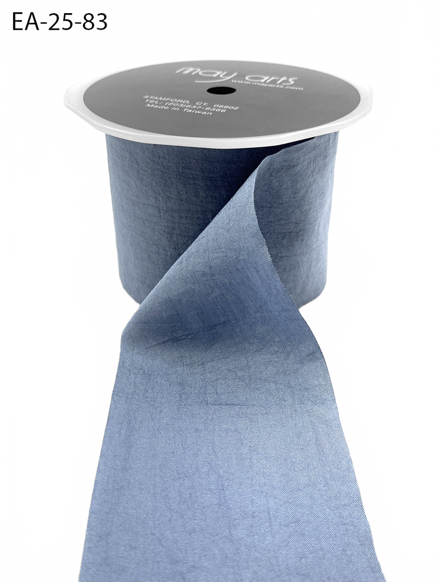 2.5 Inch Wrinkled Faux Slate Blue Silk Ribbon With Cut Edge
