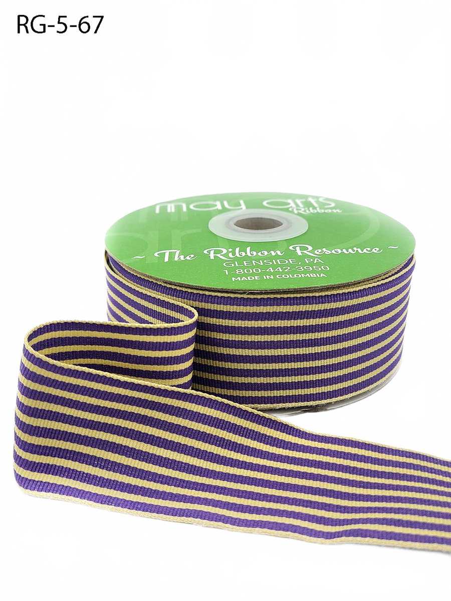1.5 Inch Woven Purple/Oatmeal Stripes Grosgrain Stripe Ribbon With Woven Edge