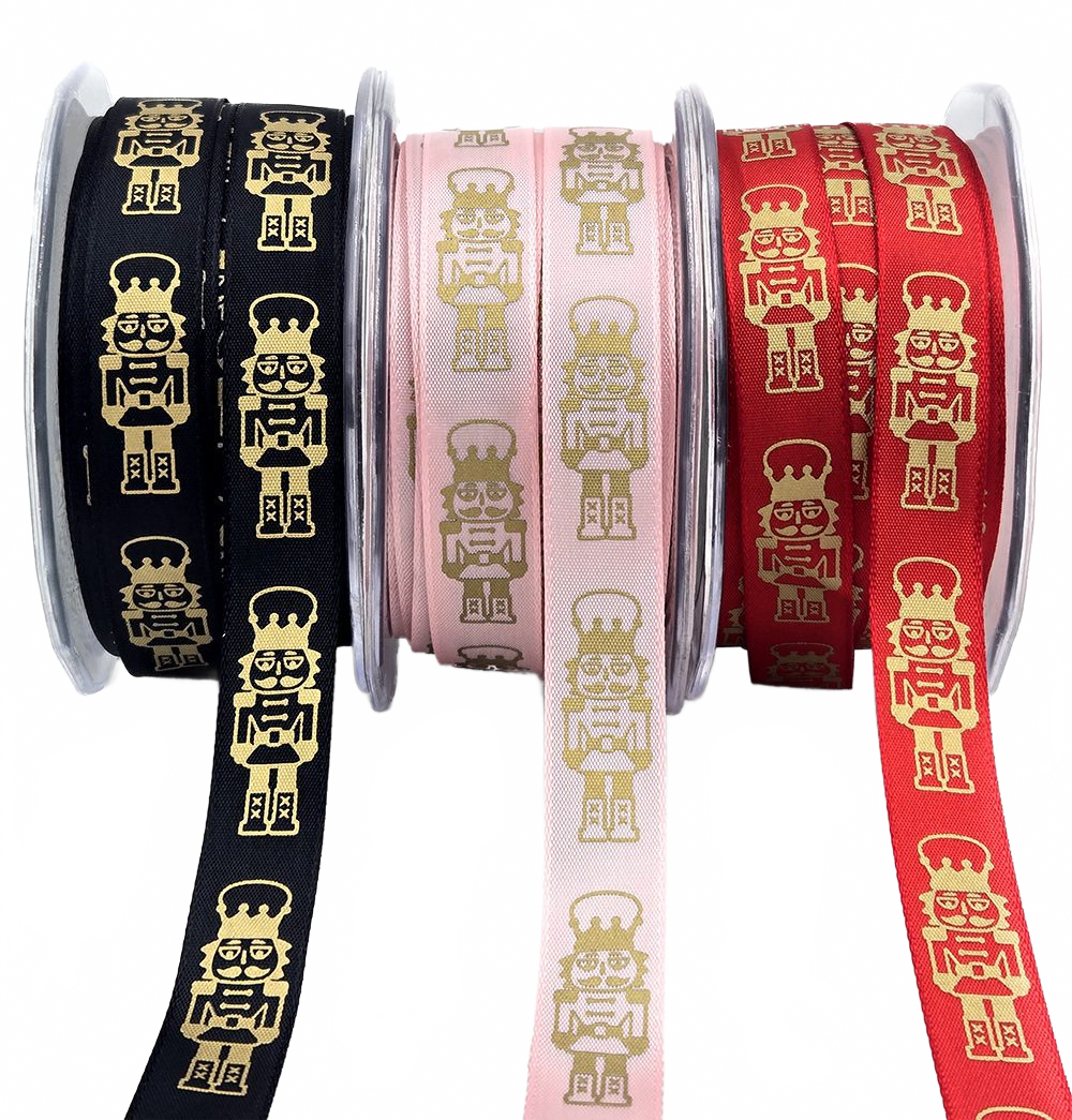 5/8 Inch Taffeta Gold Print Nutcracker Ribbon With Woven Edge