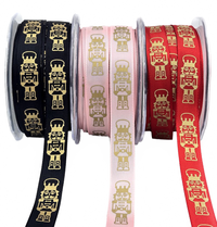 5/8 Inch Taffeta Gold Print Nutcracker Ribbon With Woven Edge
