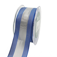 1.5 Inch Sheer Silver/Royal Blue Metallic Stripes Wired Ribbon