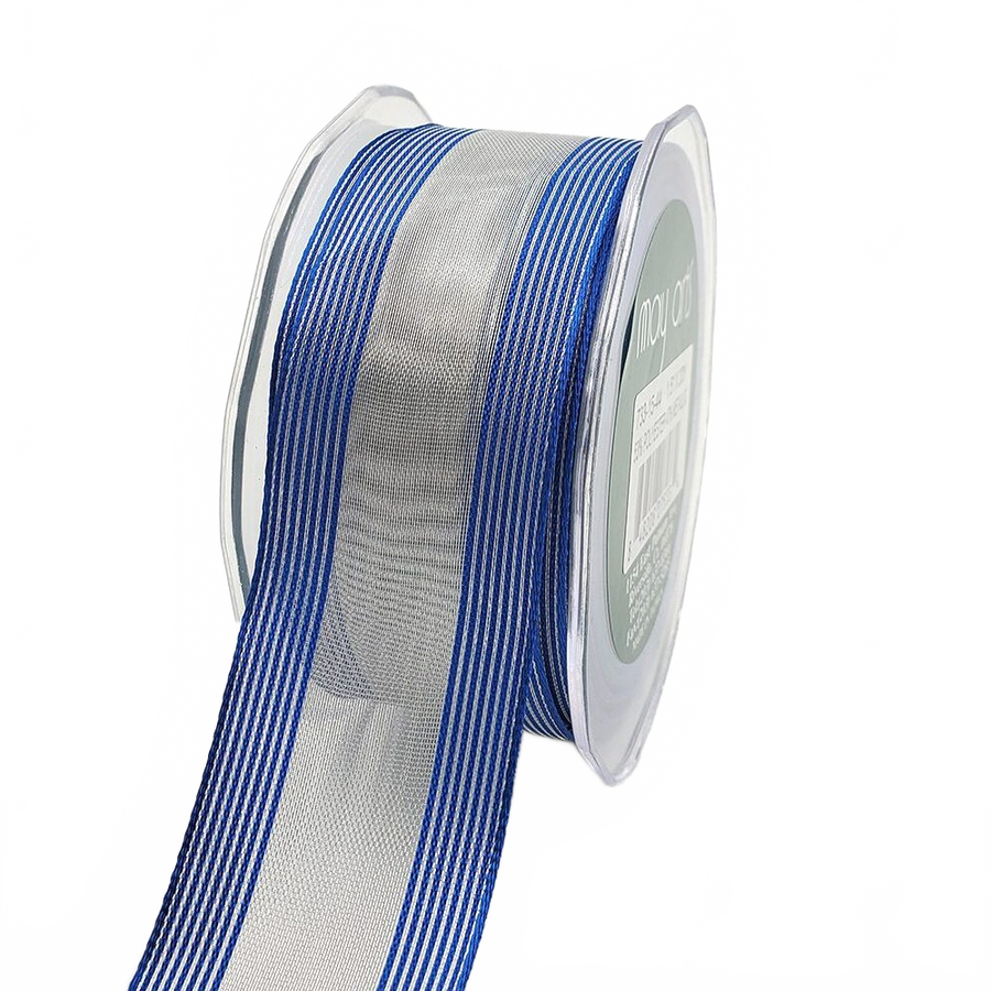 1.5 Inch Sheer Silver/Royal Blue Metallic Stripes Wired Ribbon