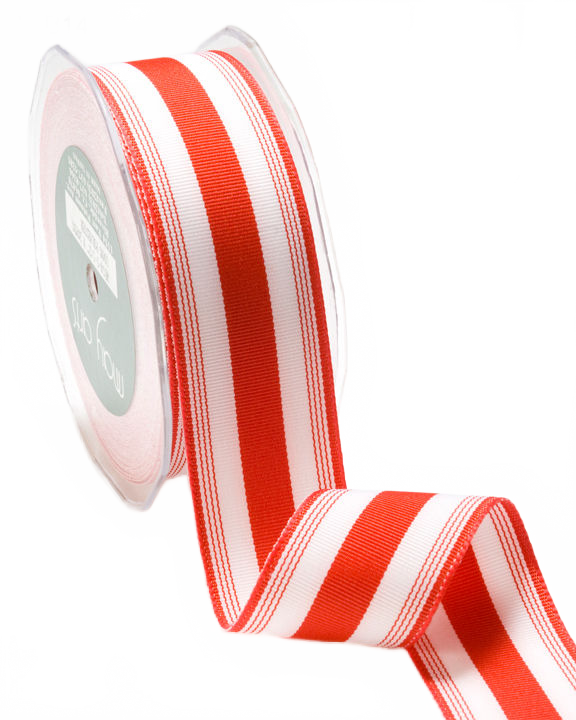 1.5 Inch Ticking Striped Red/White Ribbon With Woven Edge