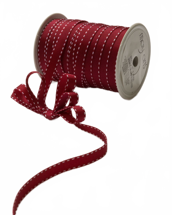 3/8 Inch Classic Burgundy/White Stitch Grosgrain Ribbon With Woven Stitched Edge