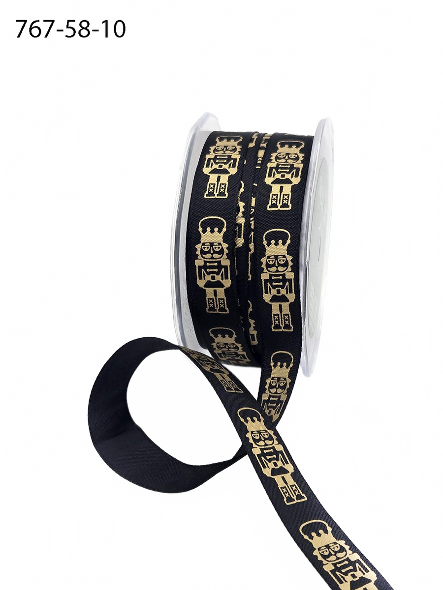 5/8 Inch Black Taffeta Gold Print Nutcracker Ribbon With Woven Edge