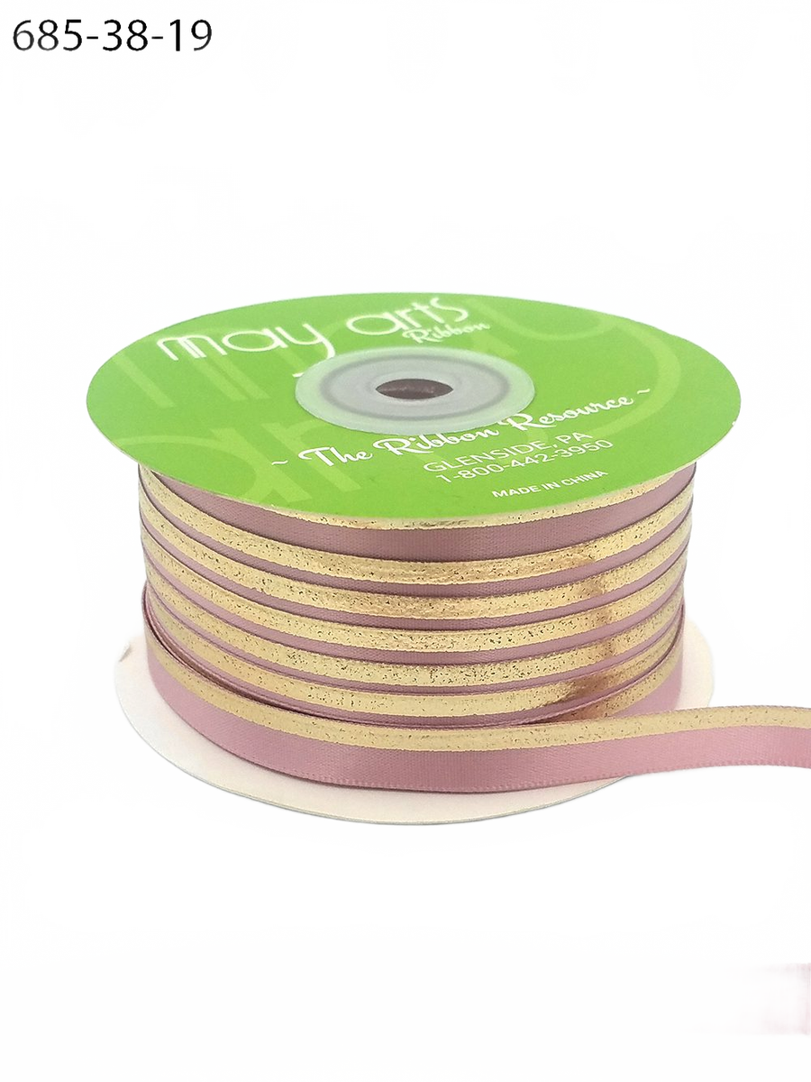 ~3/8″ Single Faced Satin Gold Mauve/Gold Foil Stripe Ribbon