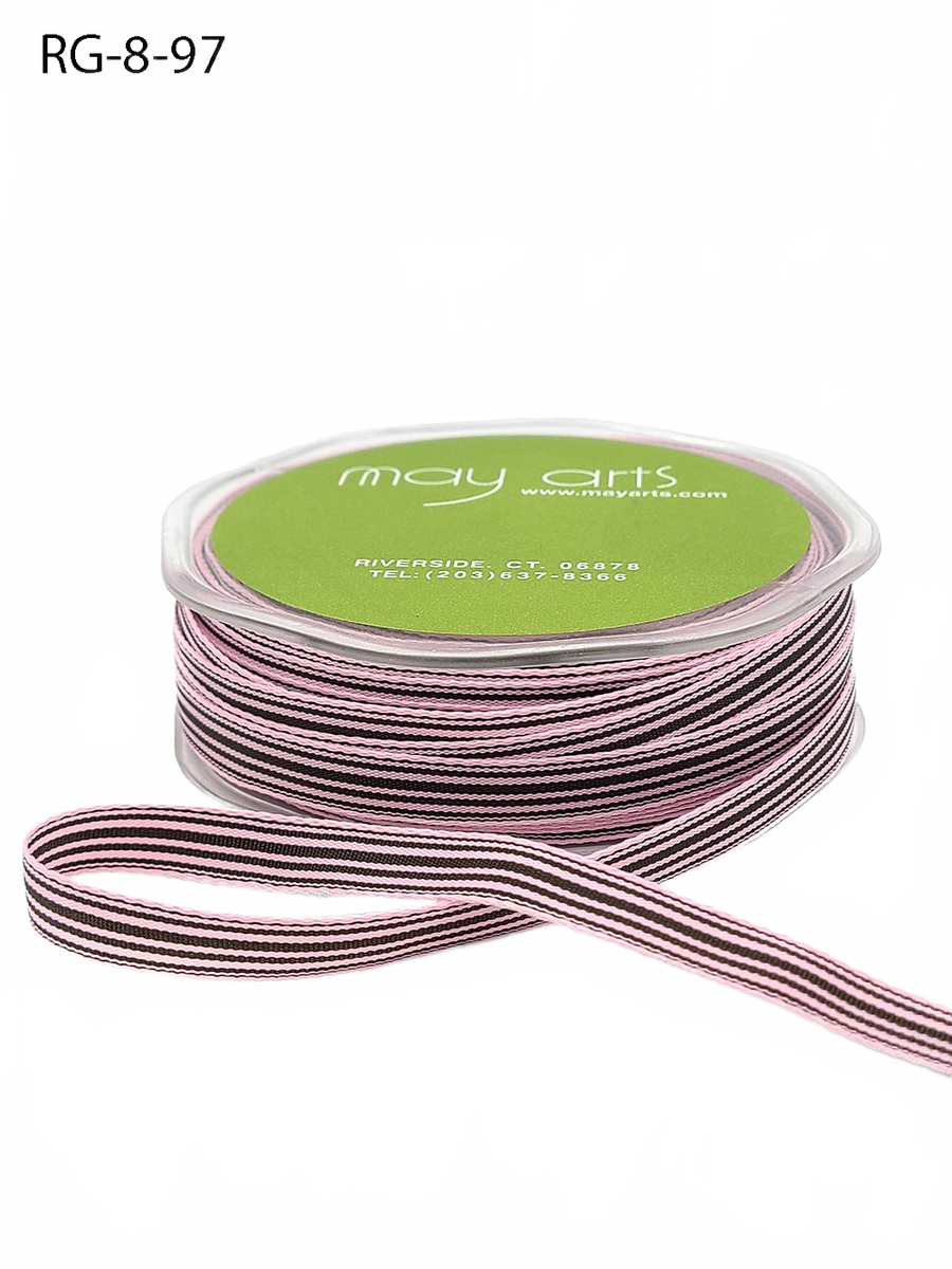 3/8 Inch Woven Pink/Brown Stripes Grosgrain Stripe Ribbon With Woven Edge