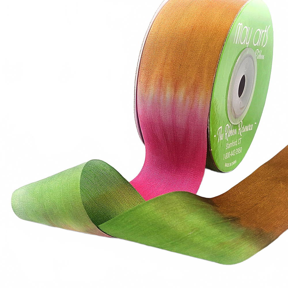1.25 Inch 100% Hand-Dyed Variegated (Multi-Color) Fuchsia/Green Silk Ribbon With Woven Edge