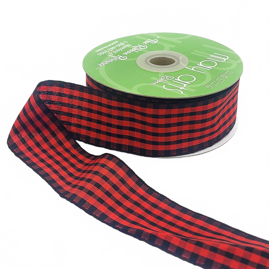 1.5 Inch Checkered Gingham Red/Black Ribbon With Woven Edge
