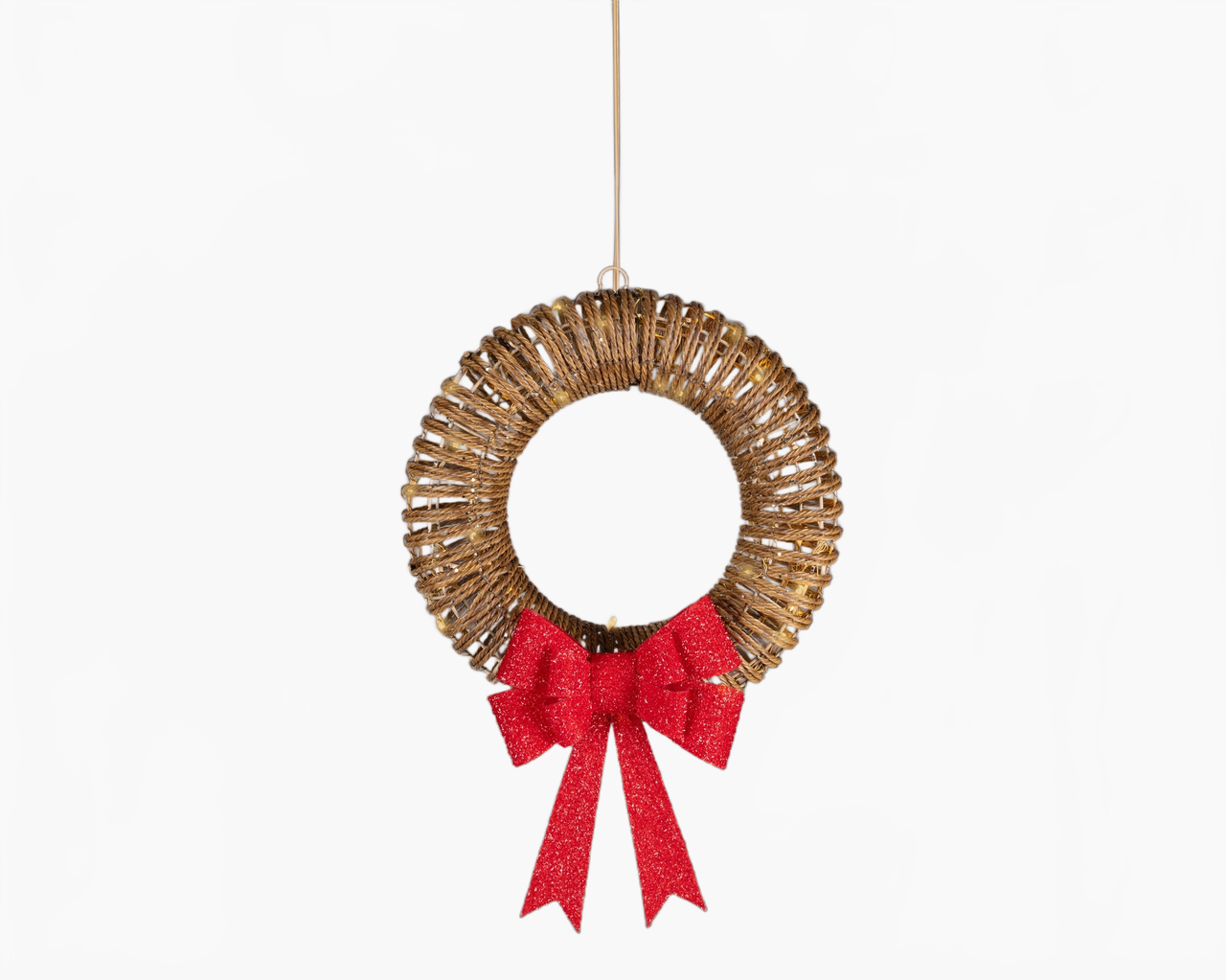 15" 48 LED Soft Warm Wicker Brown Wreath With Red Bow