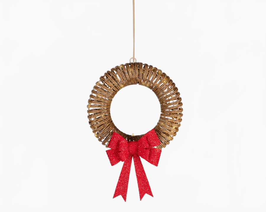 15" 48 LED Soft Warm Wicker Brown Wreath With Red Bow