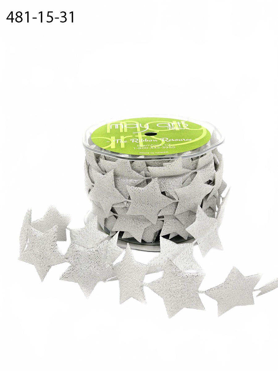 1.5 Inch Puffy Silver Metallic Star Banner Ribbon With Sealed Edge