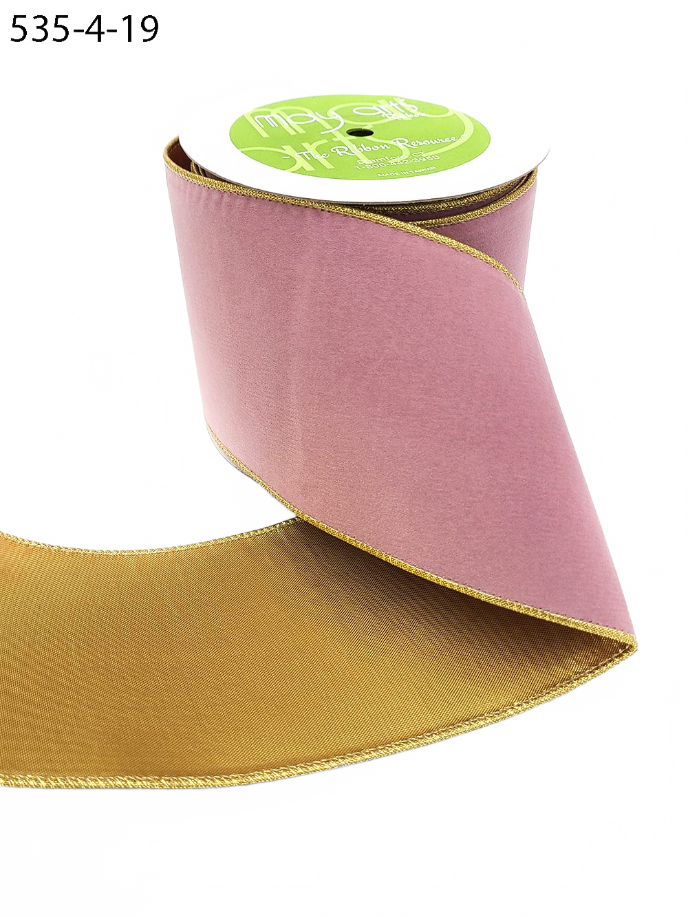 4 Inch Dusty Pink Velvet Gold Back Ribbon With Wired Edge