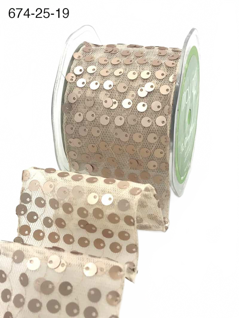2.5 Inch Sequin Tulle Champagne Ribbon With Wired Edge