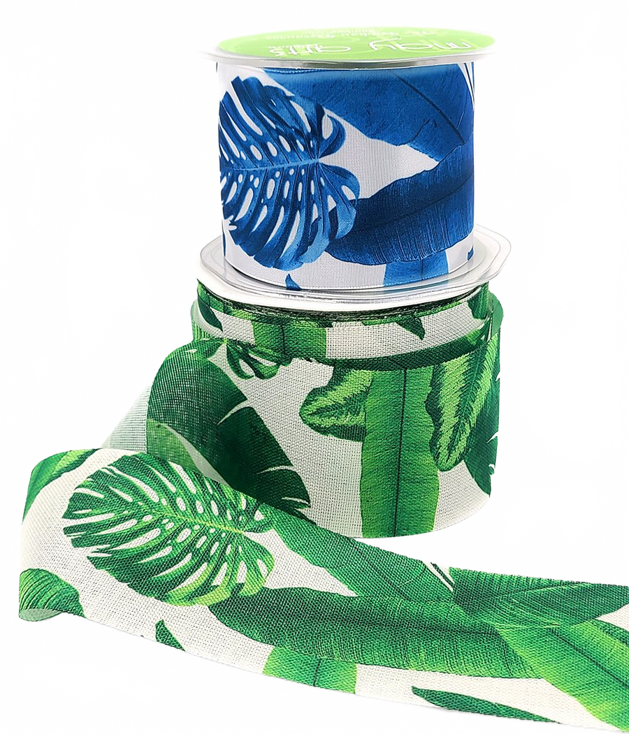 2.5 Inch Tropical Leaves Print Ribbon With Wired Edge