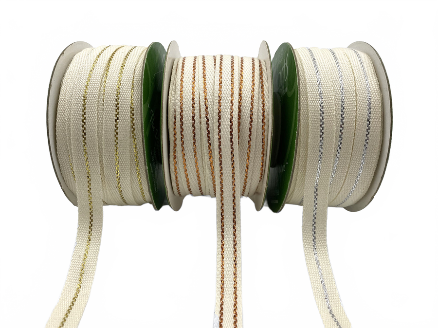 3/8 Inch Canvas With Woven Metallic Center Line Ribbon With Woven Edge