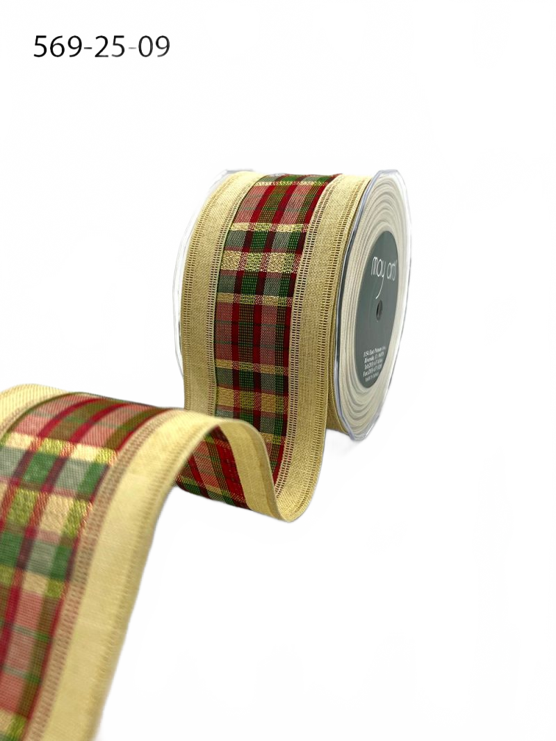 2.5 Inch Ivory Metallic Tartan Plaid Center Ribbon With Wired Woven Edge